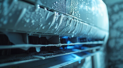 A white air conditioner with a blue light on it