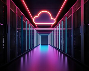 Holographic blueprint of virtual cloud services floating over futuristic datacenter racks