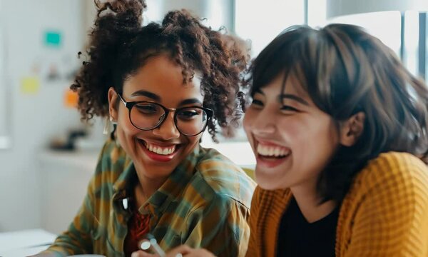 Women collaborating on creative project in a bright workspace in the afternoon