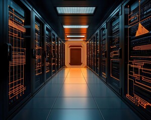 Cloud infrastructure blueprint projected over a futuristic datacenter, tech blueprint art