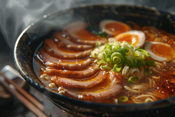 A bowl of ramen soup with meat and vegetables