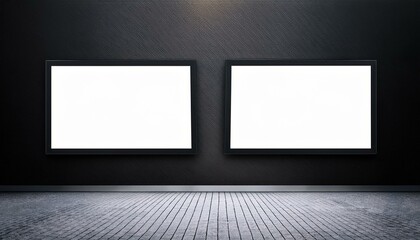 Front view on two blank white billboards in black frame with empty space in undeground area with dark ceiling and grey floor. 3D rendering, mock up