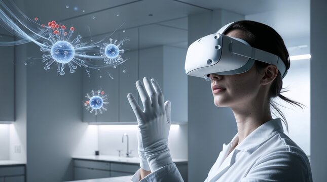 Scientist Utilizing Virtual Reality Technology to Study Viruses in a Laboratory Setting
