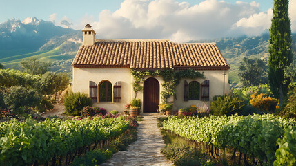 Naklejka premium charming rustic Mediterranean farmhouse with thatched roof, surrounded by lush vineyards and vibrant greenery. picturesque landscape evokes sense of tranquility and warmth