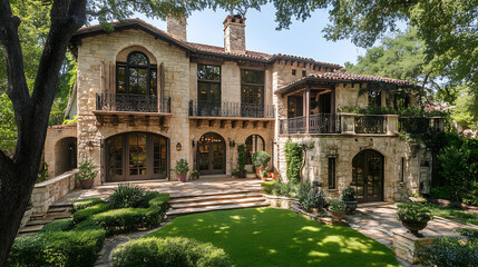 Obraz premium Elegant Mediterranean style home with stone facade, featuring lush greenery and beautifully landscaped garden. This stunning residence showcases intricate architectural details and welcoming