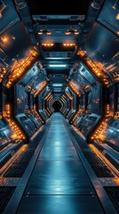 Fototapeta premium Futuristic Metallic Corridor in a Spaceship Interior