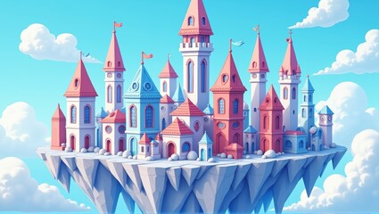 Fototapeta premium Generative, AI, A whimsical castle floating on an island in the sky, with vibrant blues and pinks.