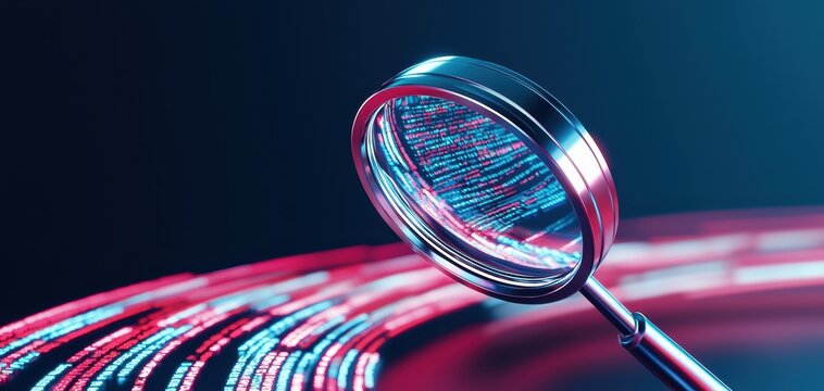 High-tech SEO concept with a magnifying glass and illuminated data, illustrating digital marketing analysis and optimization techniques