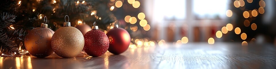 Fototapeta premium Christmas baubles on wooden surface with festive lights