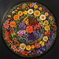 A floral mandala with blooming flowers of all seasons, each layer representing a different season. 