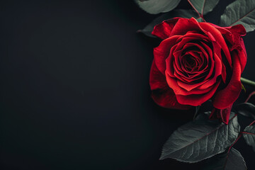 A red rose is on a black background