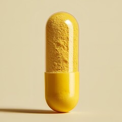 Yellow capsule with spilled powder on yellow background.