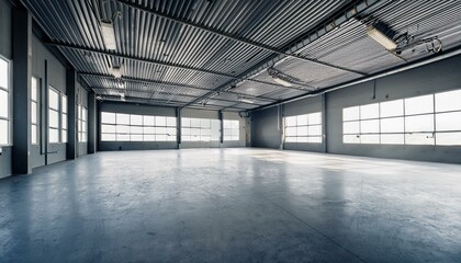 Modern spacious concrete warehouse garage interior. Space and design concept. 3D Rendering.