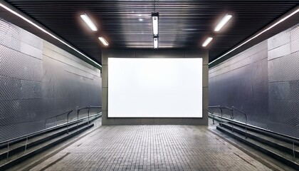 Modern underground passage with empty mock up posters, ceiling lamps and stairs. Subway tile wall. 3D Rendering.