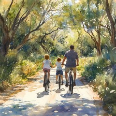 Family Bike Ride Through Nature Path