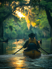 Woman Rowing on a Calm Texas River Surrounded by Nature