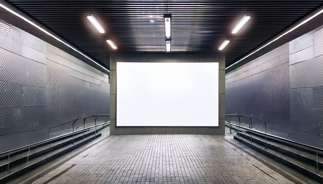 Modern underground passage with empty mock up posters, ceiling lamps and stairs. Subway tile wall. 3D Rendering.