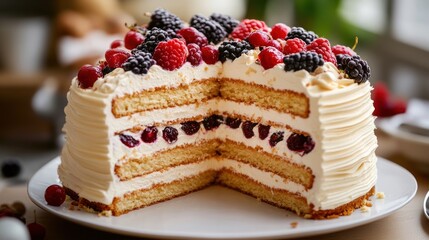 A beautifully layered cake with berries, showcasing its delicious interior and creamy frosting.