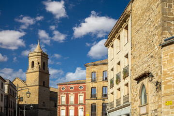 Plaza de Andalucia in Ubeda, Jaen, Andalucia, Spain, with the tower of the Santísima Trinidad church