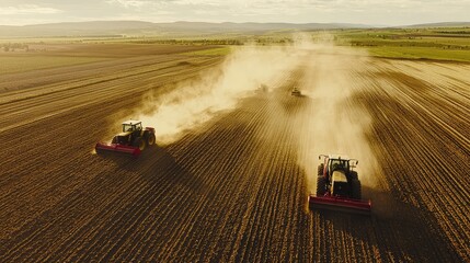 Aerial View of Tractors on Agricultural Field