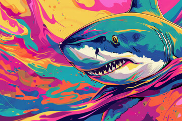 A colorful painting of a shark with its mouth open