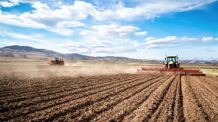 Obraz premium Aerial View of Tractors Working in Agricultural Field