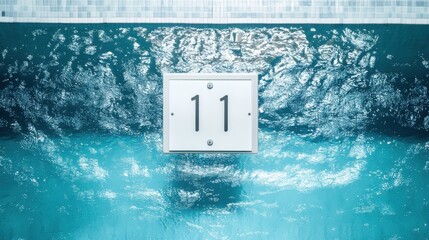 A swimming pool's lane number plaque, indoor setting with clear water, Minimalist style