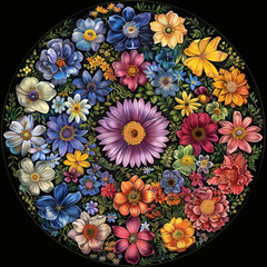 A floral mandala with blooming flowers of all seasons, each layer representing a different season. 