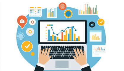 Illustration of a person analyzing SEO metrics on a laptop, surrounded by keywords, graphs, and ranking icons in a modern office setup