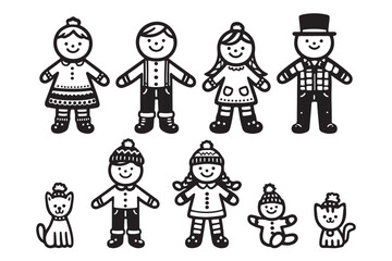 Gingerbread  family collection. Funny smiling children, parents in winter clothes. Includes cat and dog wearing festive hats. Simple black and white vector illustration in hand drawn style.