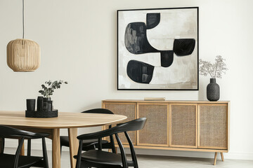 modern dining area featuring wooden table, black chairs, and stylish sideboard. wall art adds contemporary touch, creating warm and inviting atmosphere