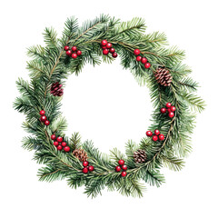 A Christmas wreath made of pine branches and red berries, watercolor design, festive greens and reds, isolated on white background