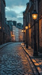 Fototapeta premium Vintage Cobblestone Street at Dusk with Lanterns