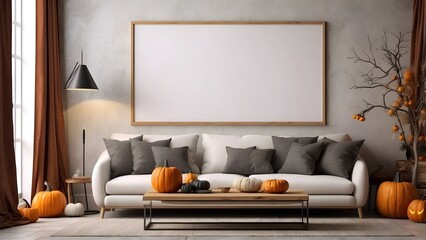 Modern minimalist wall art mockup of luxury cozy living room for Halloween, blank frame for wall art mockup of living room, Halloween and Christmas spooky scary vibes of the room interior design
