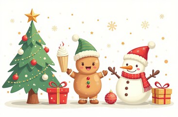 Fototapeta premium Xmas items set. Christmas tree, Santa with gifts, elves. Festive wreath, candy canes, gingerbreads. New year decorations. Winter holiday decor. Flat isolated vector illustration on white background