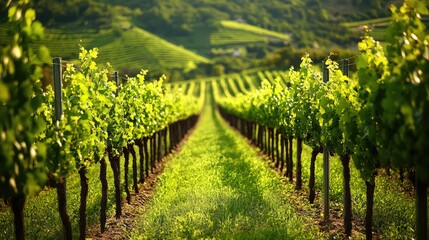 Lush Vineyard Rows in Bright Green Landscape