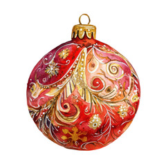 A festive Christmas bauble with intricate patterns, watercolor illustration, vibrant reds and golds, isolated on white background