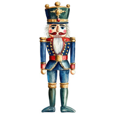 A festive nutcracker soldier, watercolor painting, traditional holiday colors, isolated on white background