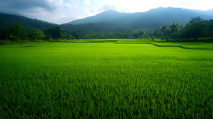 Fototapeta premium Vibrant rice paddy field in tropical countryside, surrounded by green hills and trees