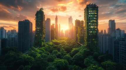 Obraz premium A stunning urban landscape at sunset, showcasing towering buildings intertwined with lush greenery and vibrant skies.