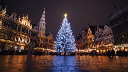 Fototapeta premium Festive Square's Sparkling Christmas Tree Lighting Up Generative AI