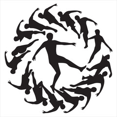 Running footballer with dribbling ball to shoot silhouette.