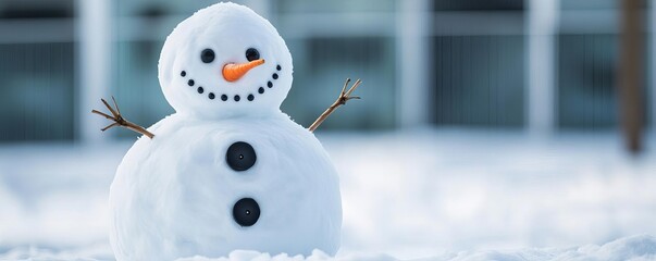 Classic snowman with black coal buttons and a carrot nose, standing in fresh snow