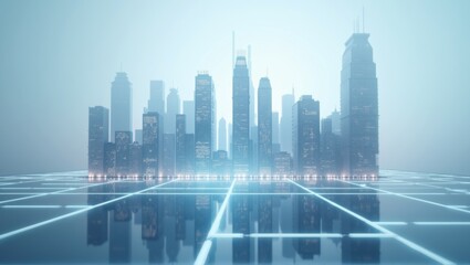 Obraz premium Generative, AI, Futuristic cityscape with blue tones, skyscrapers, glowing lines on roads, advanced urban architecture.