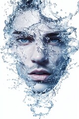 A captivating close-up of a man's face emerging from water, creating a stunning visual with intricate splash effects.