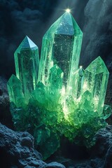 Stunning green crystal formation radiating ethereal light, creating a mesmerizing underwater ambiance.