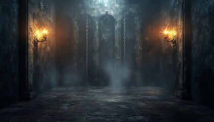 A mysterious, dimly lit chamber with flickering candles and a smoky atmosphere, perfect for creating a moody ambiance.