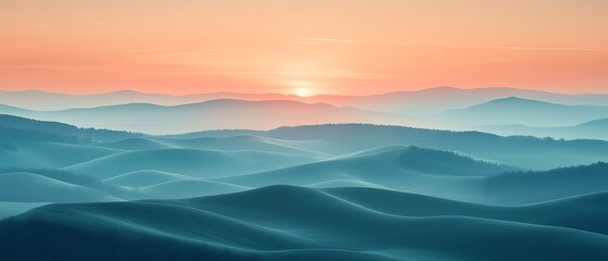 Serene landscape with soft rolling hills and a beautiful sunrise painting the sky in warm hues of orange and blue.
