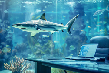 Fototapeta premium A shark is swimming in a tank next to a laptop on a desk