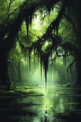 Naklejka premium Serene green forest landscape with moss-covered trees and tranquil water, creating a peaceful and mystical atmosphere.